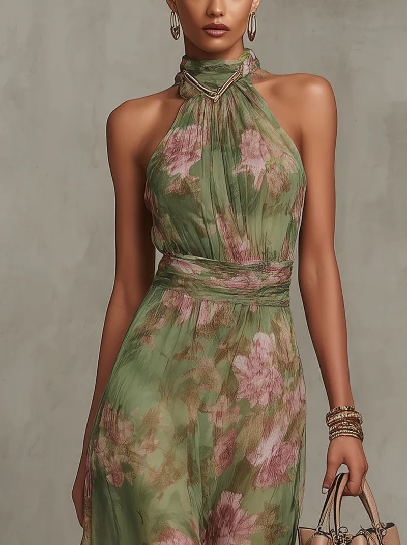 SERENA - VESTIDO LARGO VERDE FLORAL DE GASA CON ESCOTE HALTER