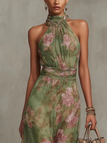 SERENA - VESTIDO LARGO VERDE FLORAL DE GASA CON ESCOTE HALTER
