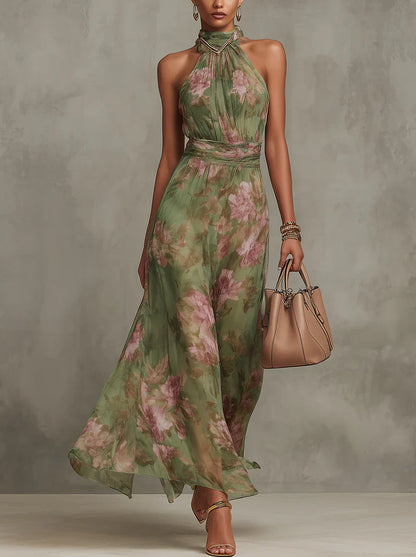 SERENA - VESTIDO LARGO VERDE FLORAL DE GASA CON ESCOTE HALTER