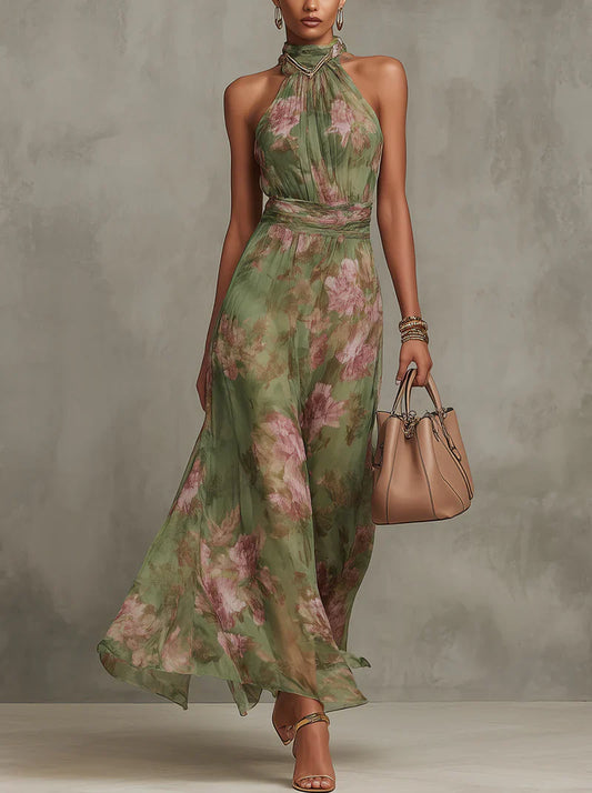 SERENA - VESTIDO LARGO VERDE FLORAL DE GASA CON ESCOTE HALTER