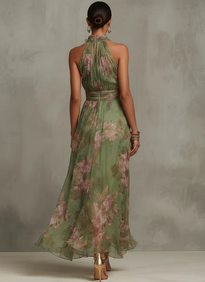 SERENA - VESTIDO LARGO VERDE FLORAL DE GASA CON ESCOTE HALTER